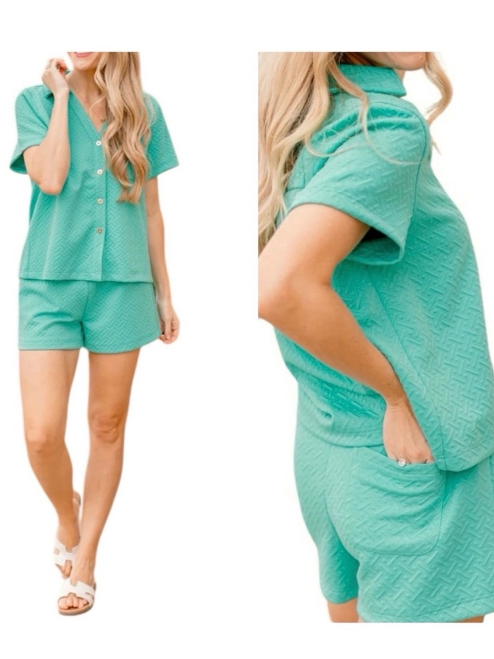 MARY SQUARE Maren Light Teal Loungewear Short Set sz Large NWT